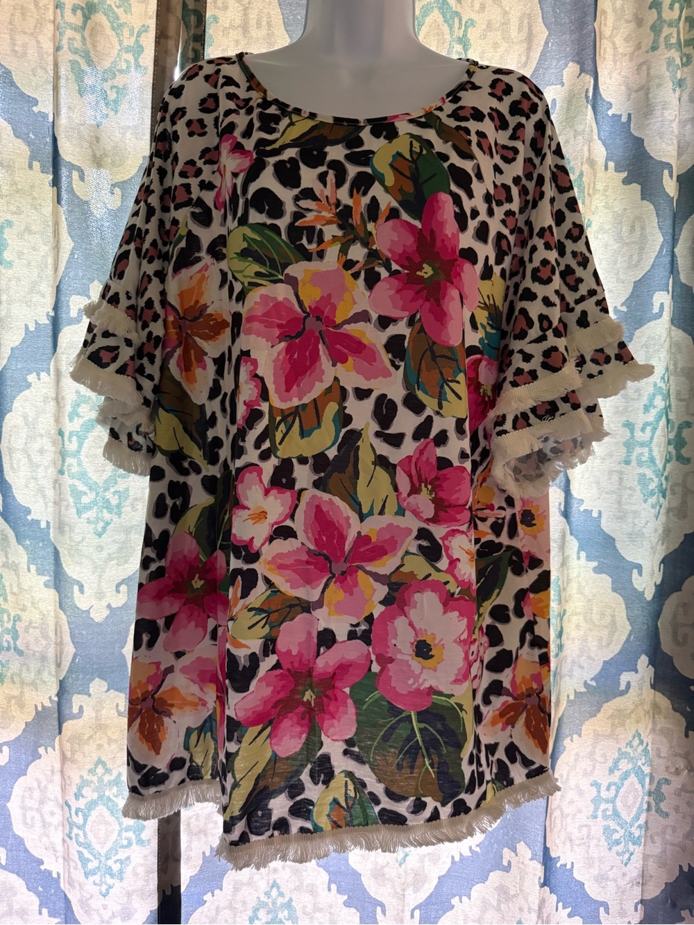 New Tropical Floral Leopard Print Frayed Trim Boho Tunic Top XXL nwot